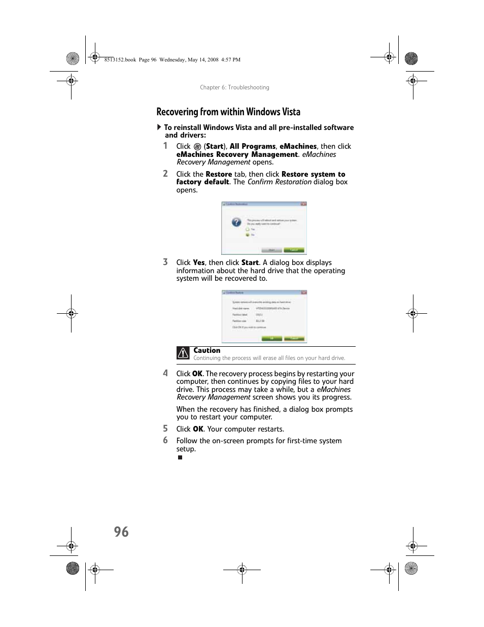 Recovering from within windows vista, Recovering from | eMachines 8513152 User Manual | Page 102 / 124