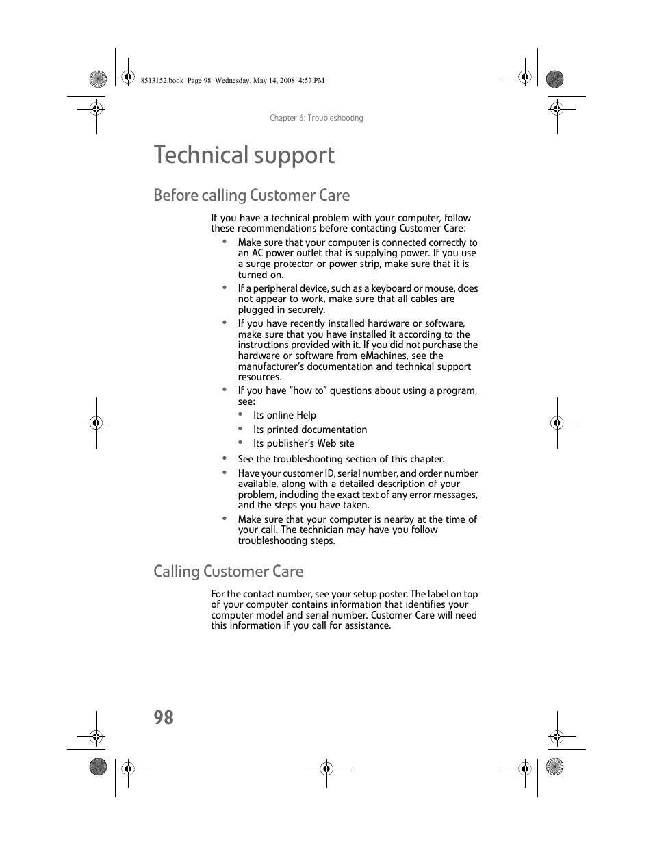 Technical support, Before calling customer care, Calling customer care | Before calling customer care calling customer care | eMachines 8513152 User Manual | Page 104 / 124