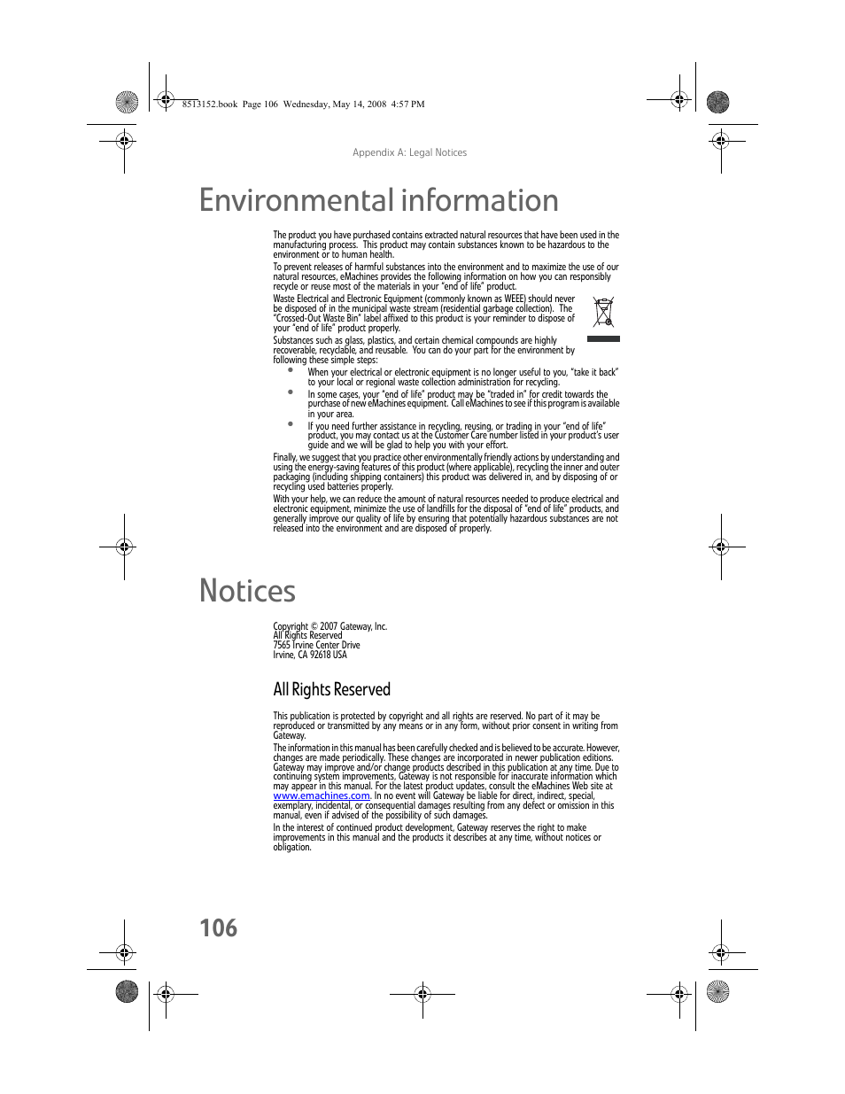 Environmental information, Notices, All rights reserved | eMachines 8513152 User Manual | Page 112 / 124