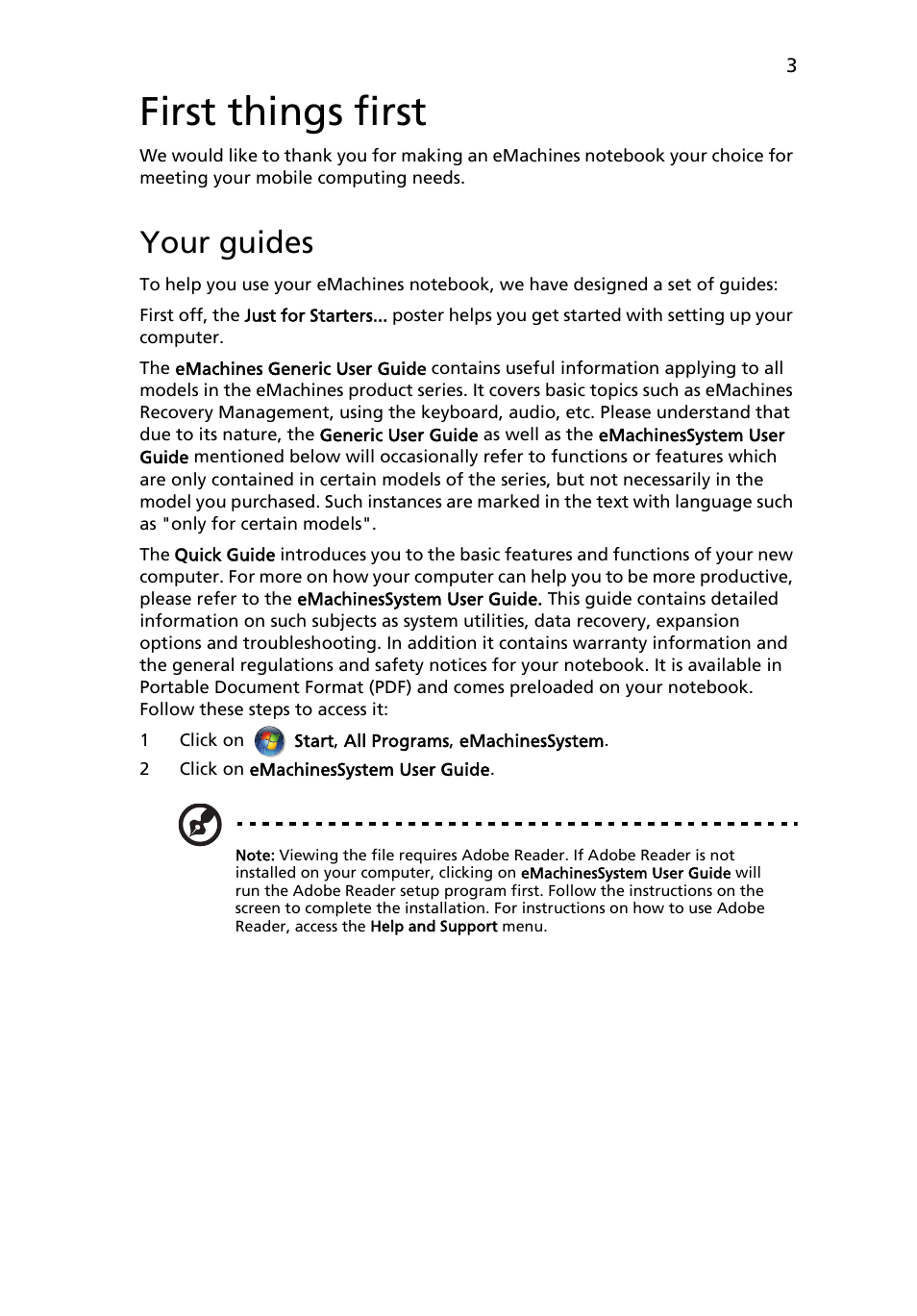 First things first, Your guides | eMachines E627 Series User Manual | Page 3 / 11