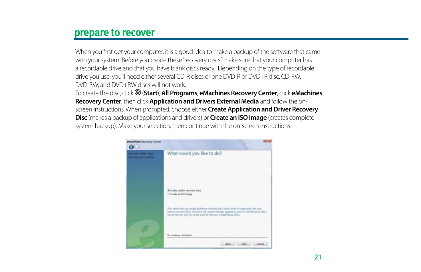 Prepare to recover | eMachines 8513036 User Manual | Page 21 / 24