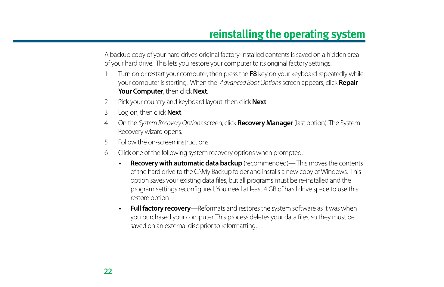 Reinstalling the operating system | eMachines 8513036 User Manual | Page 22 / 24