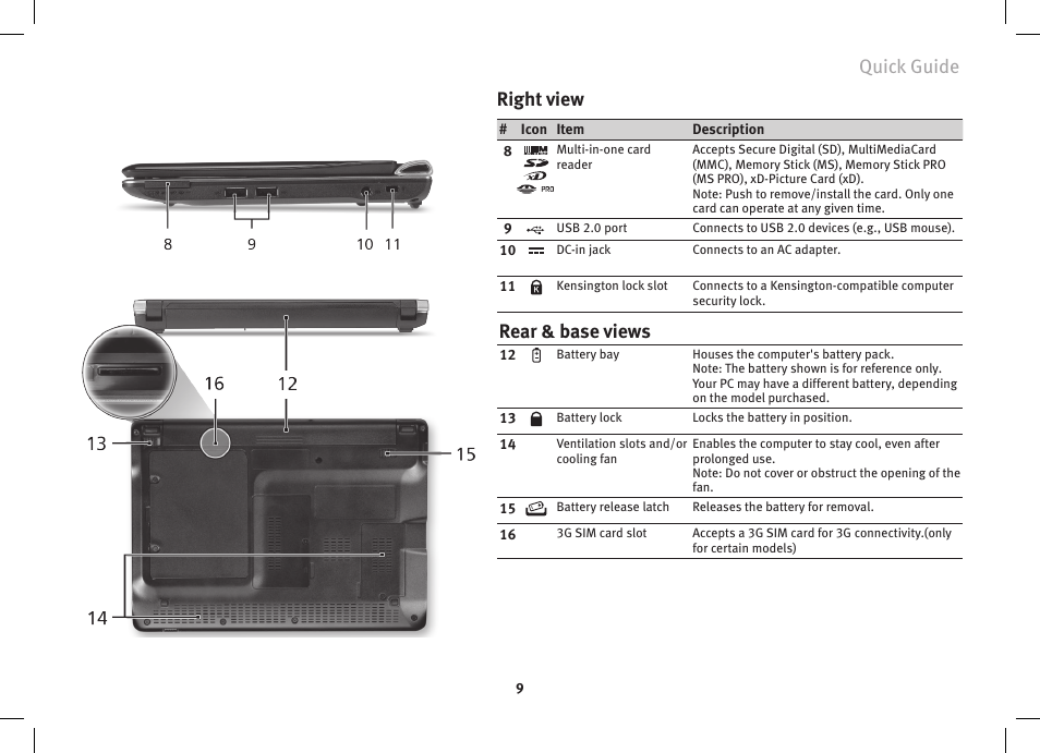 Quick guide, Right view, Rear & base views | eMachines eM250 series User Manual | Page 11 / 12