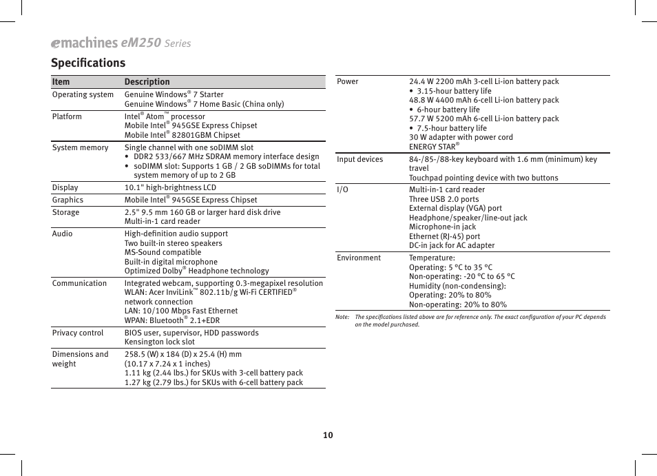 Em250, Specifications | eMachines eM250 series User Manual | Page 12 / 12