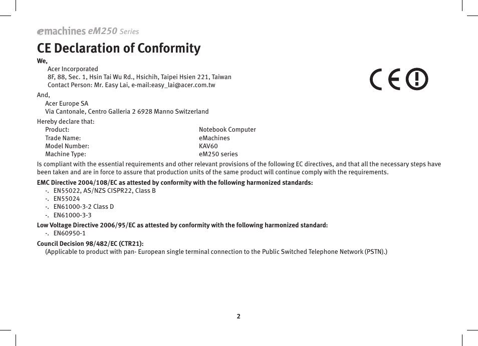 Ce declaration of conformity, Em250 | eMachines eM250 series User Manual | Page 4 / 12