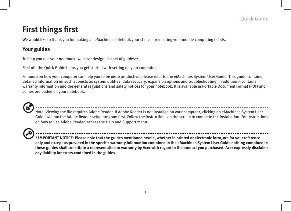 First things first | eMachines eM250 series User Manual | Page 7 / 12