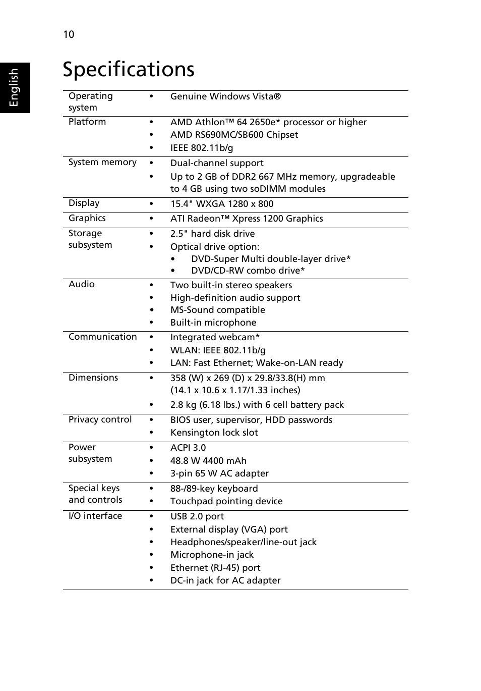 Specifications | eMachines E620 Series User Manual | Page 10 / 11