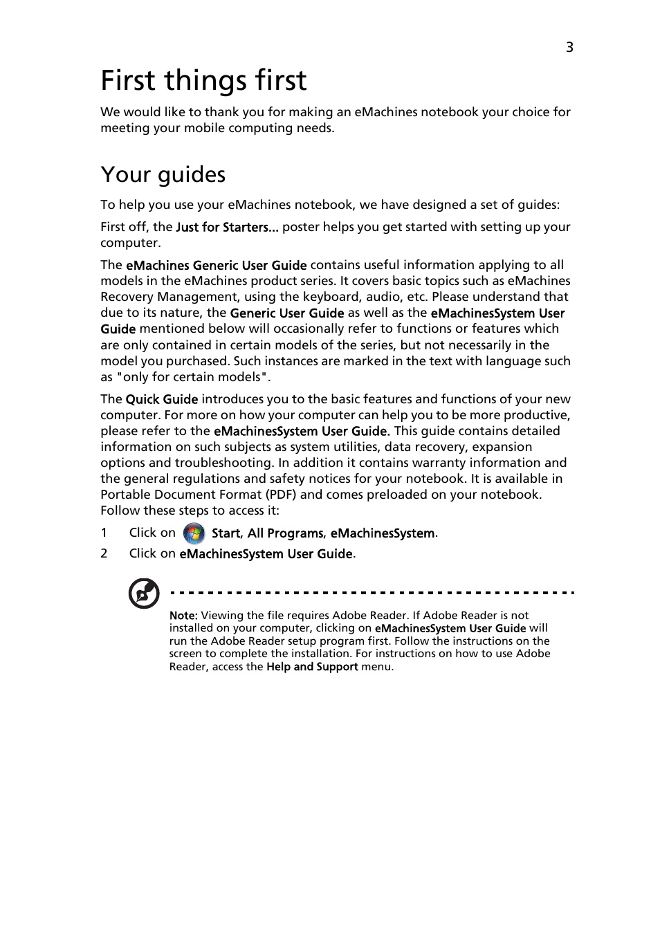 First things first, Your guides | eMachines E620 Series User Manual | Page 3 / 11