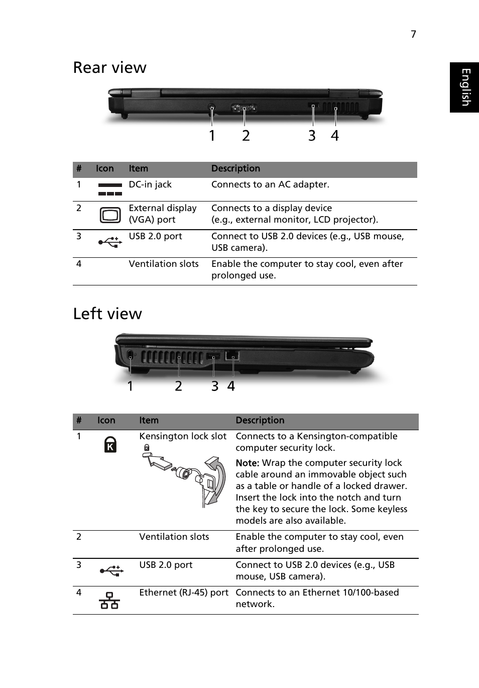 Rear view, Left view, Rear view left view | eMachines E620 Series User Manual | Page 7 / 11