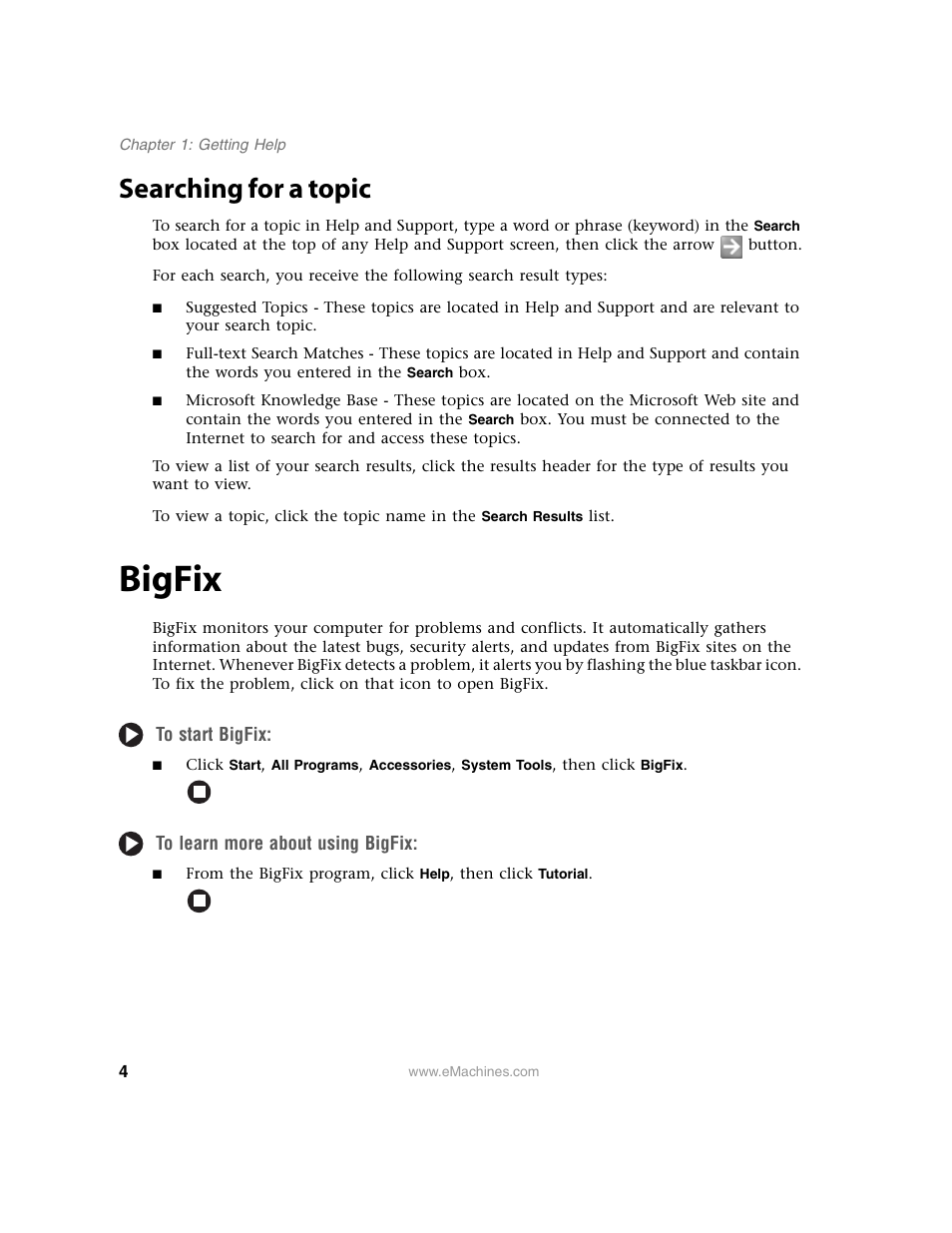 Searching for a topic, Bigfix, To start bigfix | To learn more about using bigfix | eMachines 13 User Manual | Page 10 / 96