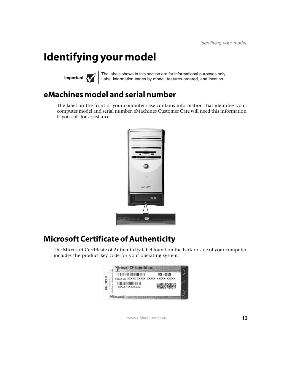 Identifying your model, Important, Emachines model and serial number | Microsoft certificate of authenticity | eMachines 13 User Manual | Page 19 / 96