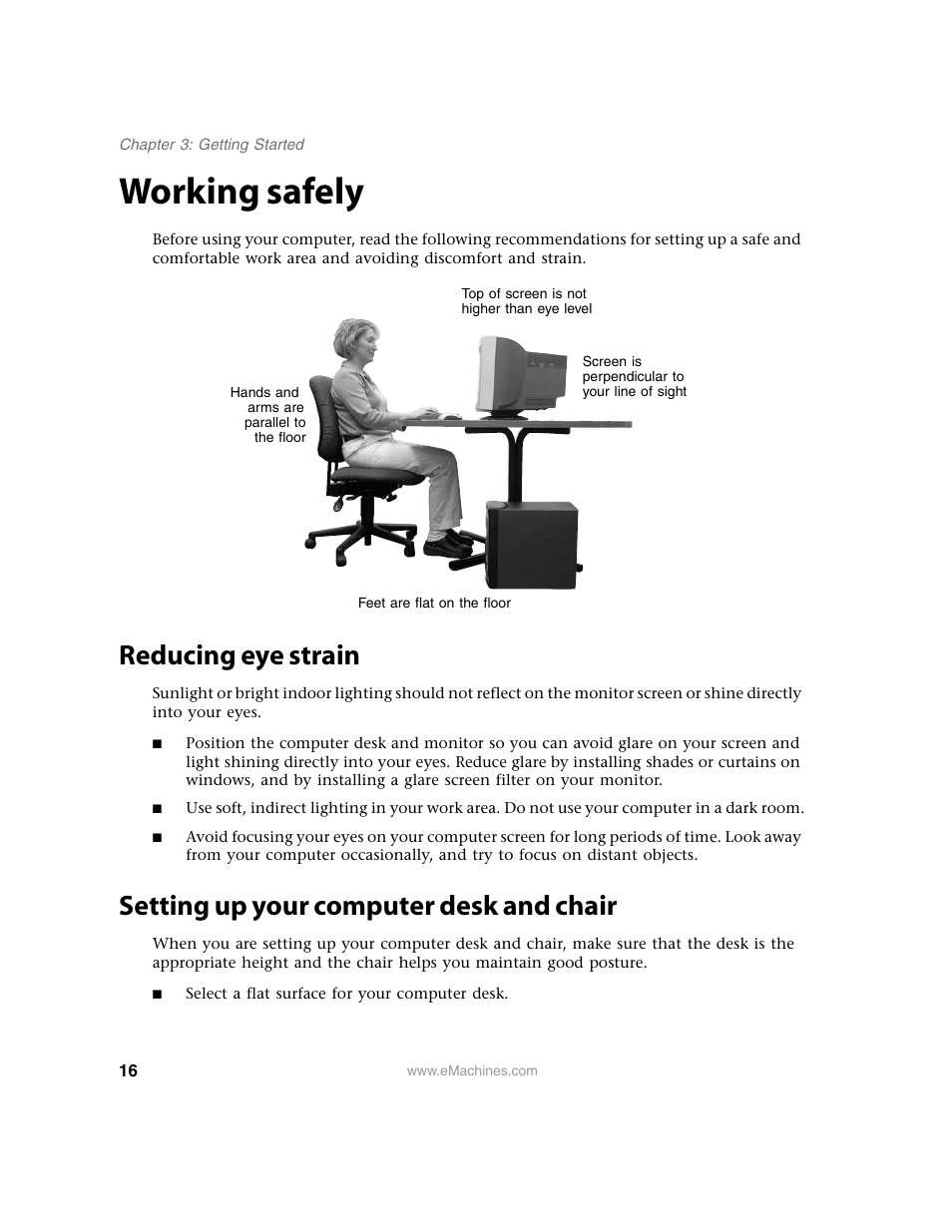 Working safely, Reducing eye strain, Setting up your computer desk and chair | eMachines 13 User Manual | Page 22 / 96