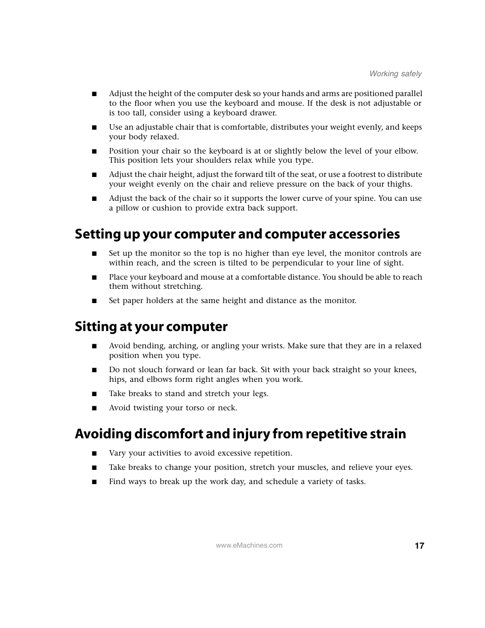 Setting up your computer and computer accessories, Sitting at your computer | eMachines 13 User Manual | Page 23 / 96