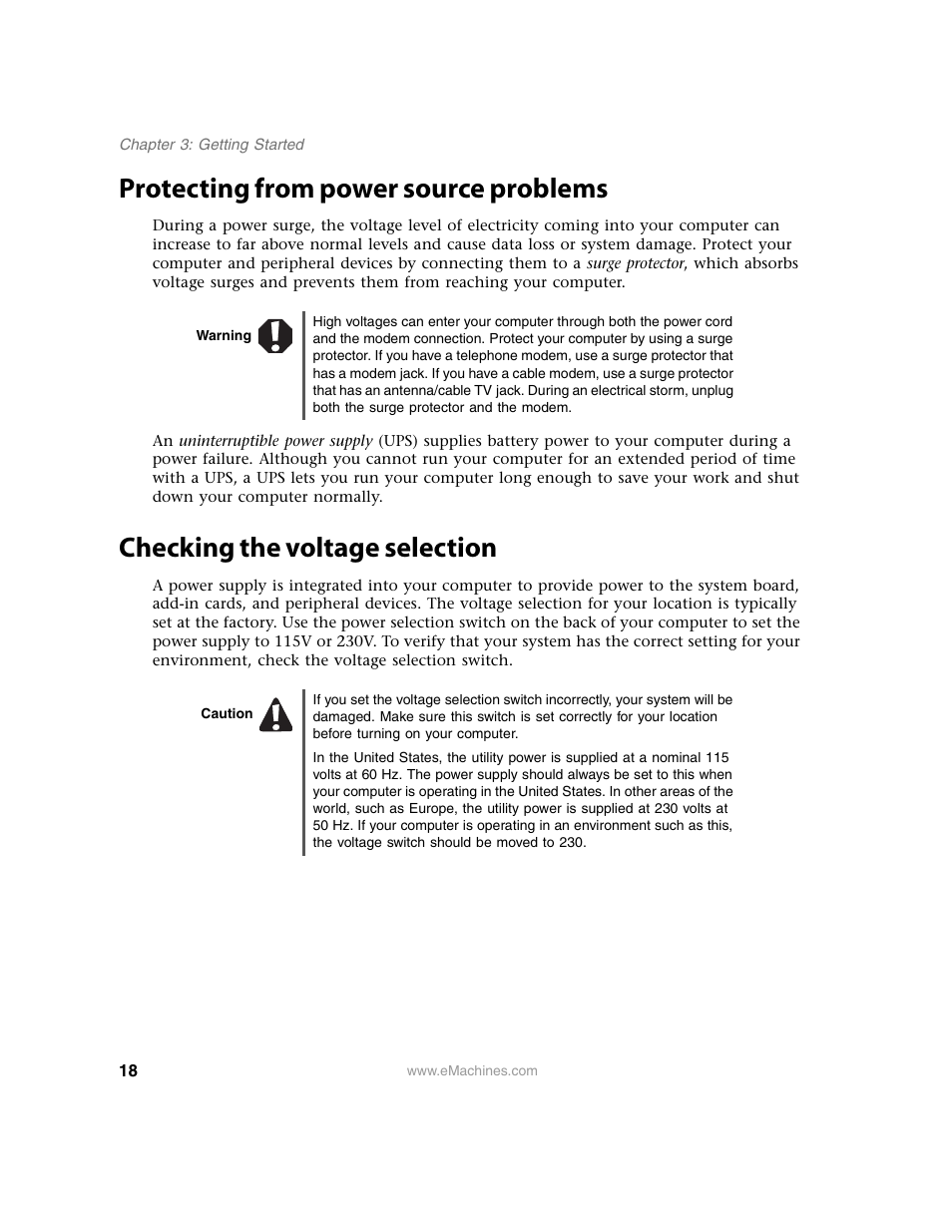 Protecting from power source problems, Warning, Checking the voltage selection | Caution | eMachines 13 User Manual | Page 24 / 96