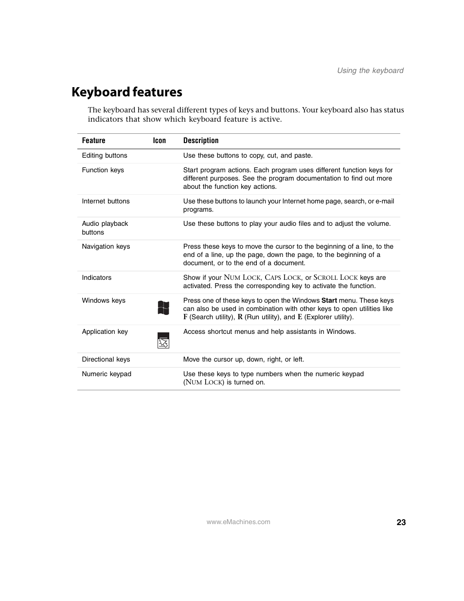 Keyboard features | eMachines 13 User Manual | Page 29 / 96