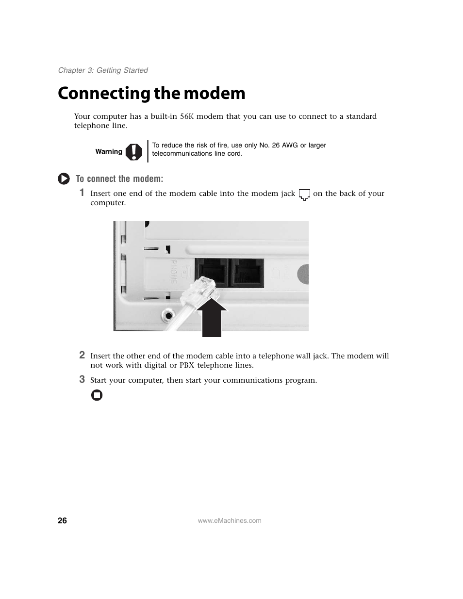 Connecting the modem, Warning, To connect the modem | eMachines 13 User Manual | Page 32 / 96