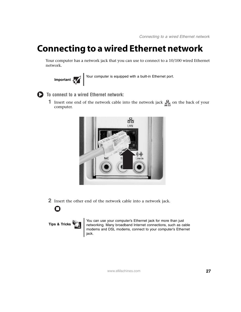 Connecting to a wired ethernet network, Important, To connect to a wired ethernet network | Tips & tricks | eMachines 13 User Manual | Page 33 / 96