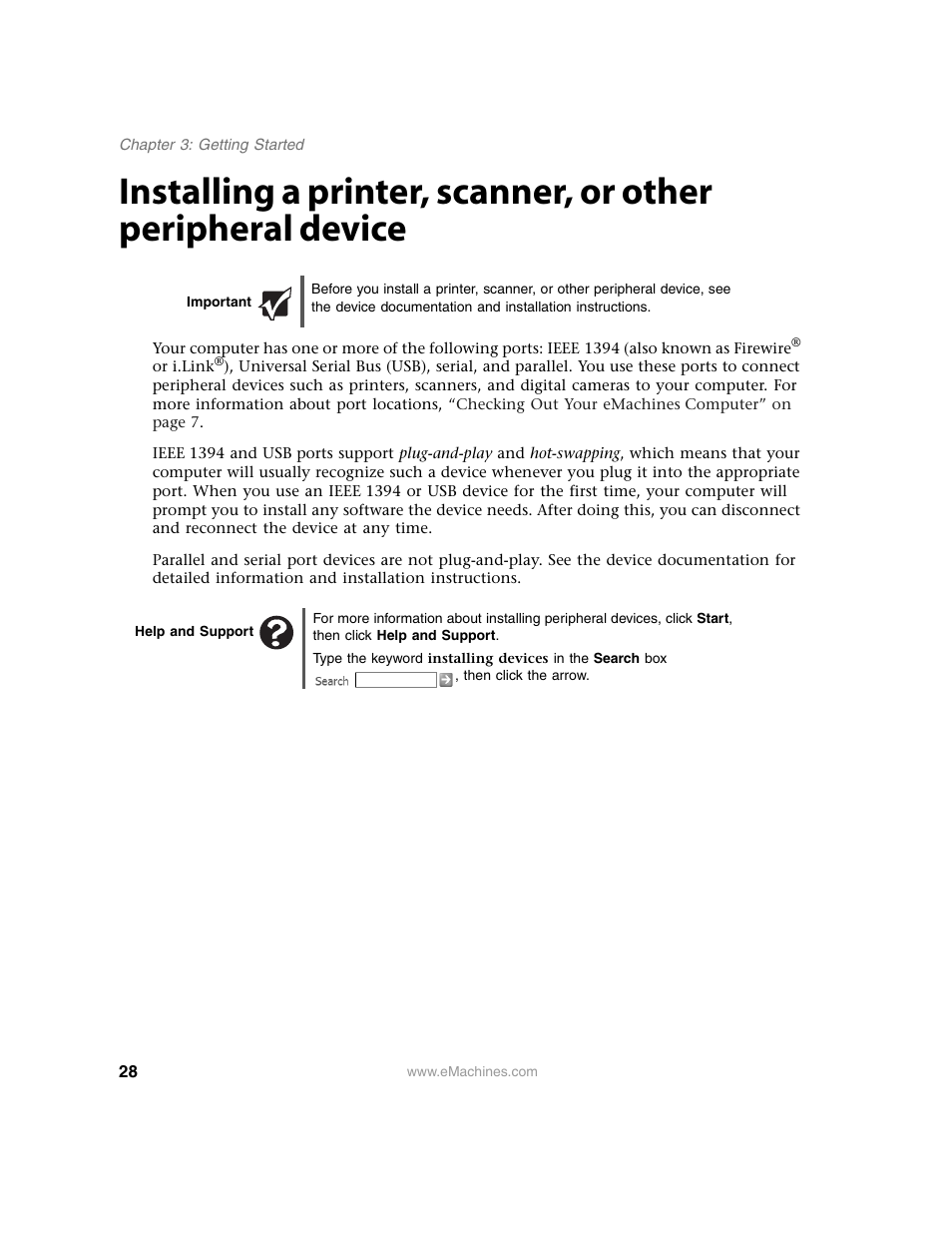 Important, Help and support, Installing a printer, scanner, or other | Installing | eMachines 13 User Manual | Page 34 / 96