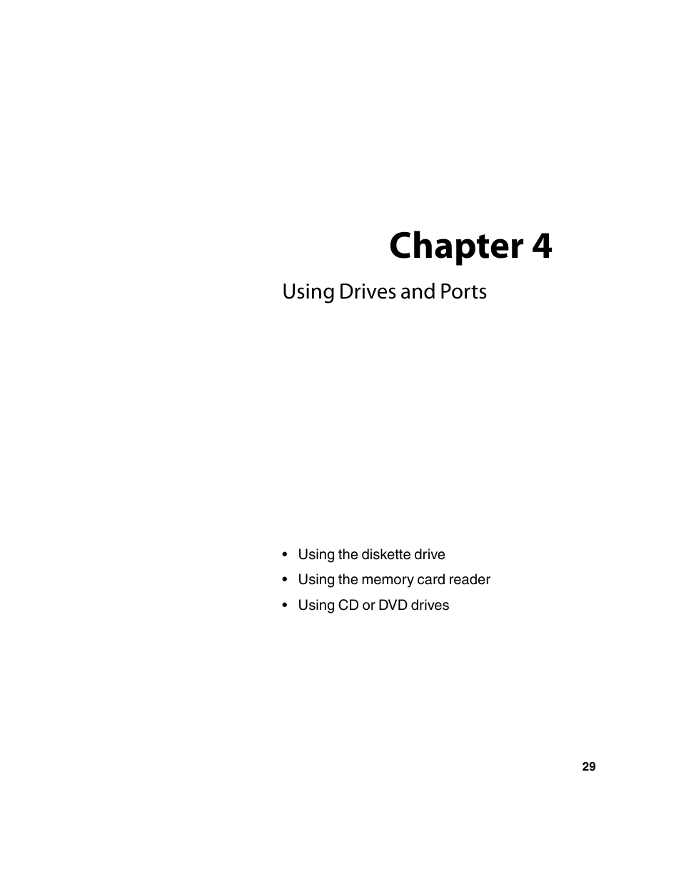 Using drives and ports, Using the diskette drive, Using the memory card reader | Using cd or dvd drives, Chapter 4 | eMachines 13 User Manual | Page 35 / 96