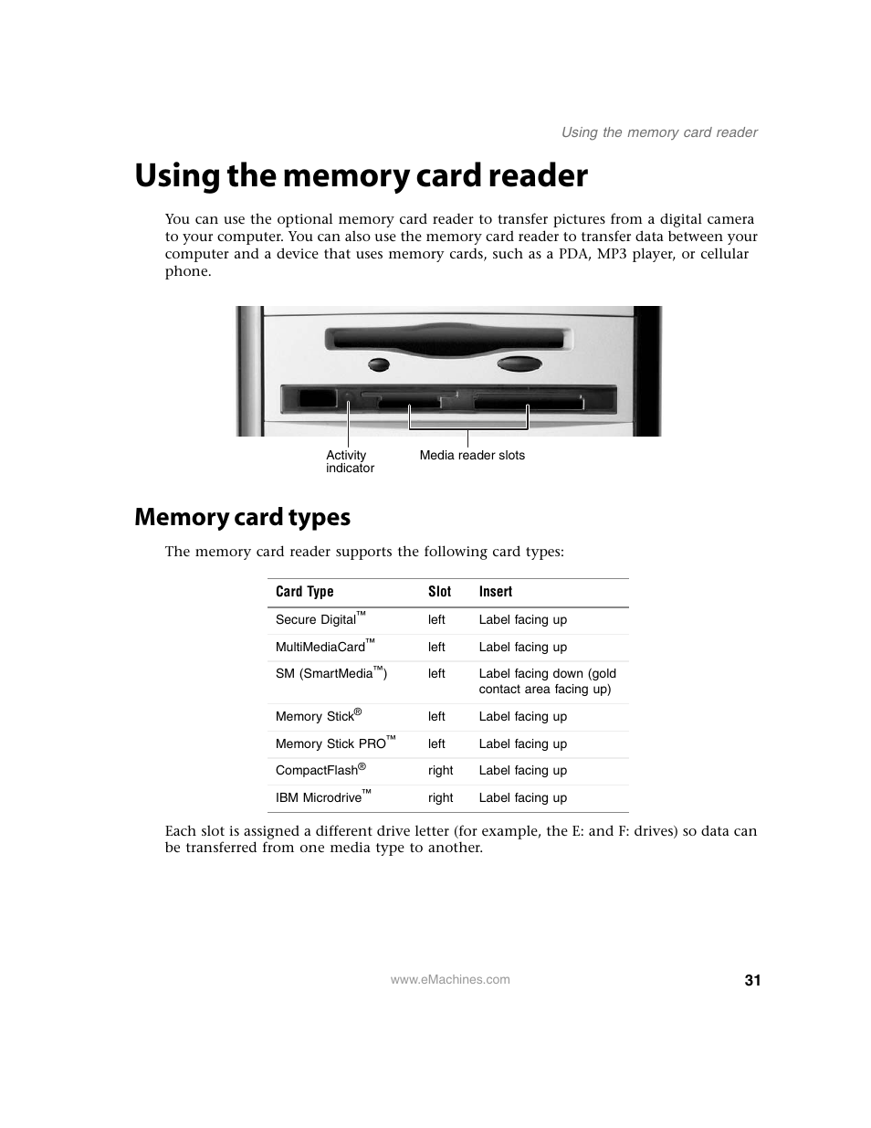 Using the memory card reader, Memory card types | eMachines 13 User Manual | Page 37 / 96