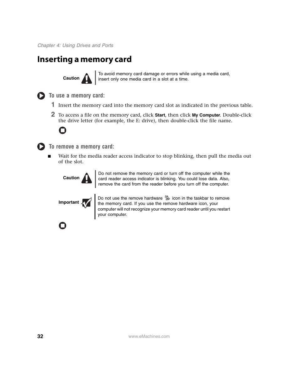 Inserting a memory card, Caution, To use a memory card | To remove a memory card, Important | eMachines 13 User Manual | Page 38 / 96