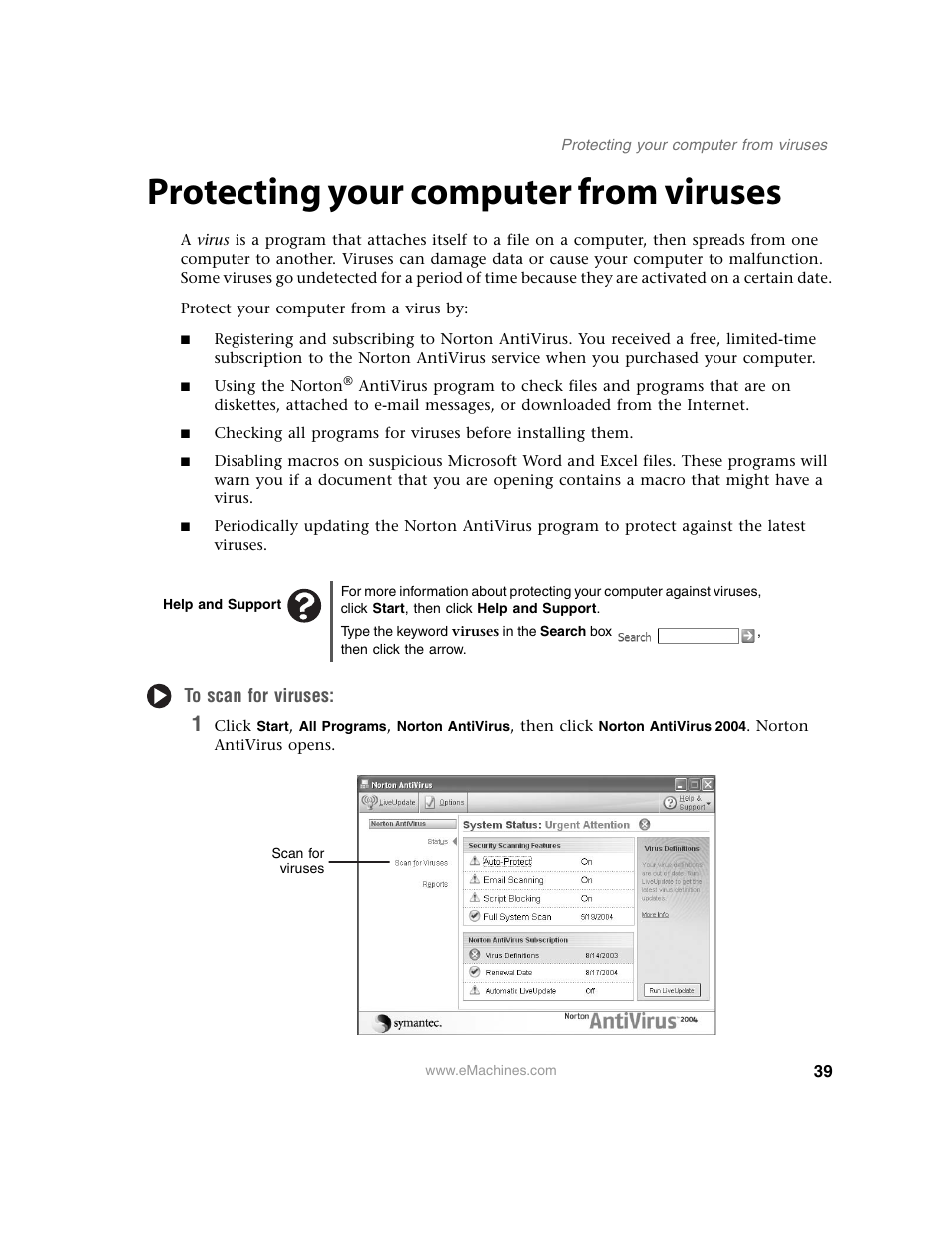 Protecting your computer from viruses, Help and support, To scan for viruses | eMachines 13 User Manual | Page 45 / 96