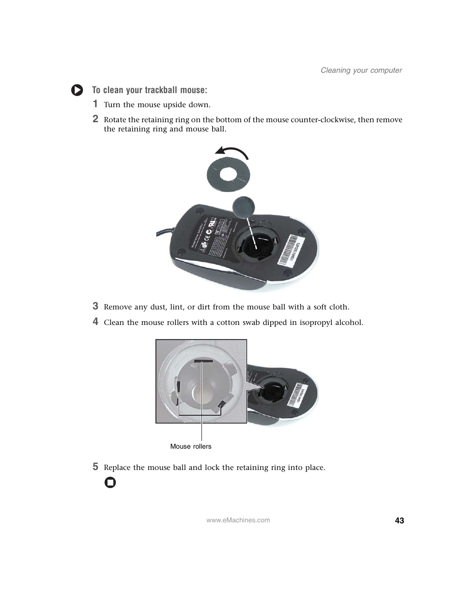 To clean your trackball mouse, 1 turn the mouse upside down | eMachines 13 User Manual | Page 49 / 96