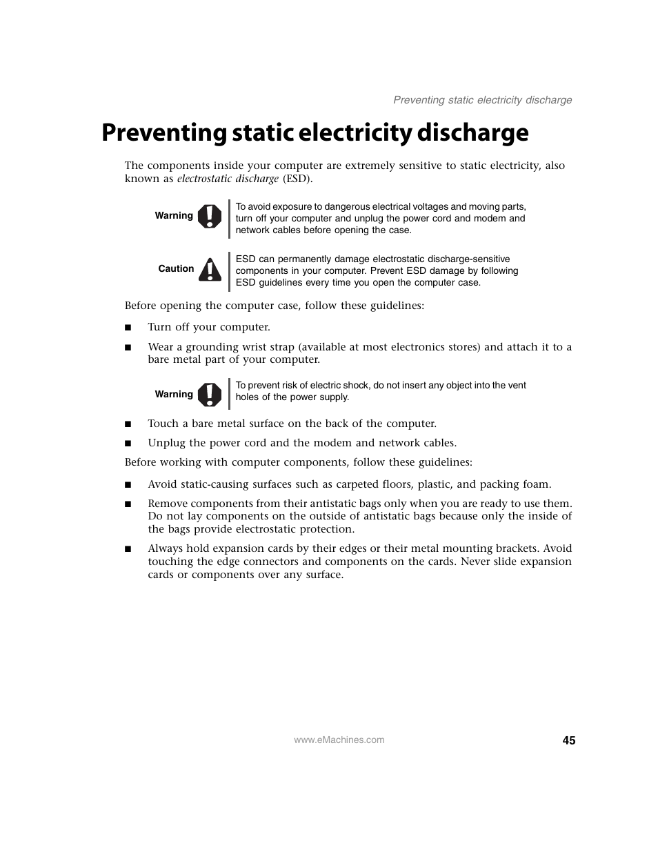 Preventing static electricity discharge, Warning, Caution | eMachines 13 User Manual | Page 51 / 96