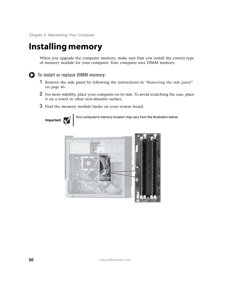 Installing memory, To install or replace dimm memory, Important | eMachines 13 User Manual | Page 56 / 96