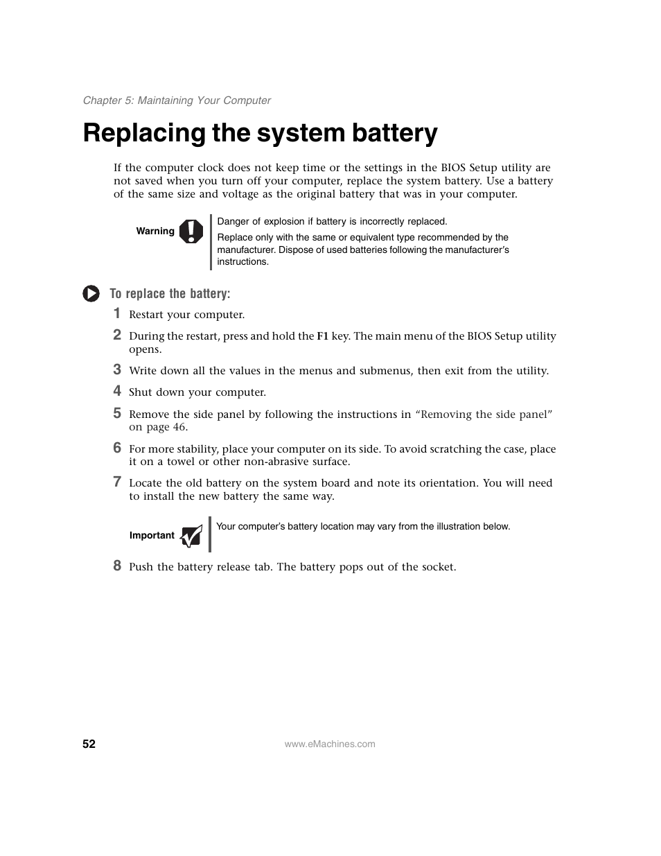 Replacing the system battery, Warning, To replace the battery | 1 restart your computer, 4 shut down your computer, Important | eMachines 13 User Manual | Page 58 / 96