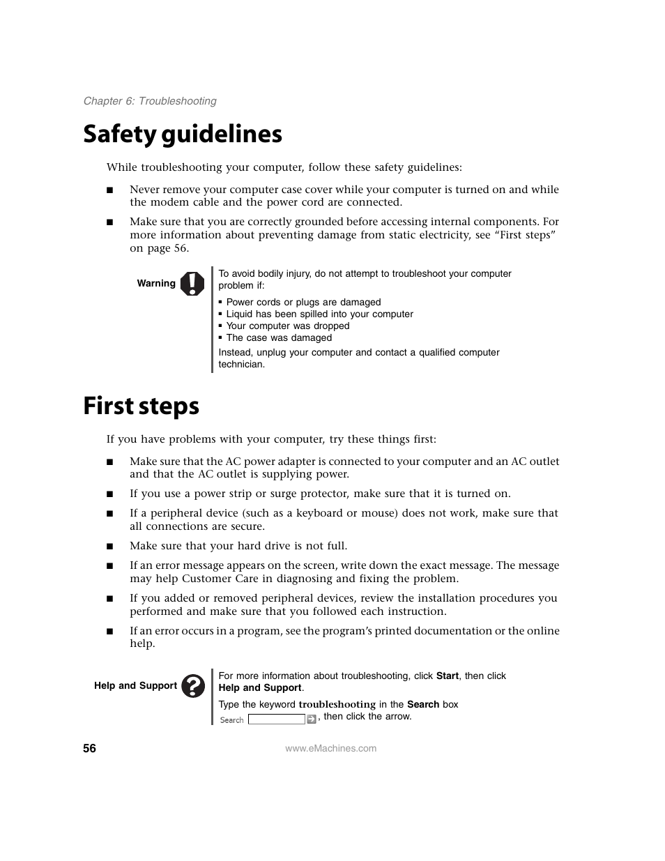 Safety guidelines, Warning, First steps | Make sure that your hard drive is not full, Help and support, Safety guidelines first steps | eMachines 13 User Manual | Page 62 / 96