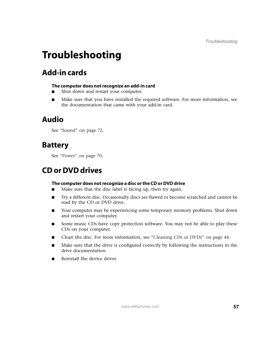 Troubleshooting, Add-in cards, The computer does not recognize an add-in card | Shut down and restart your computer, Audio, Battery, Cd or dvd drives, Add-in cards audio battery cd or dvd drives | eMachines 13 User Manual | Page 63 / 96