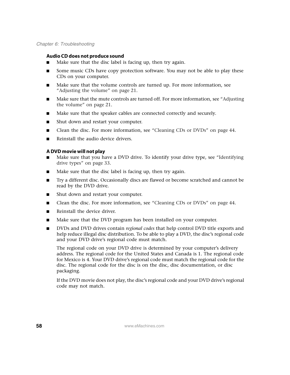 Audio cd does not produce sound, Shut down and restart your computer, A dvd movie will not play | Reinstall the device driver | eMachines 13 User Manual | Page 64 / 96