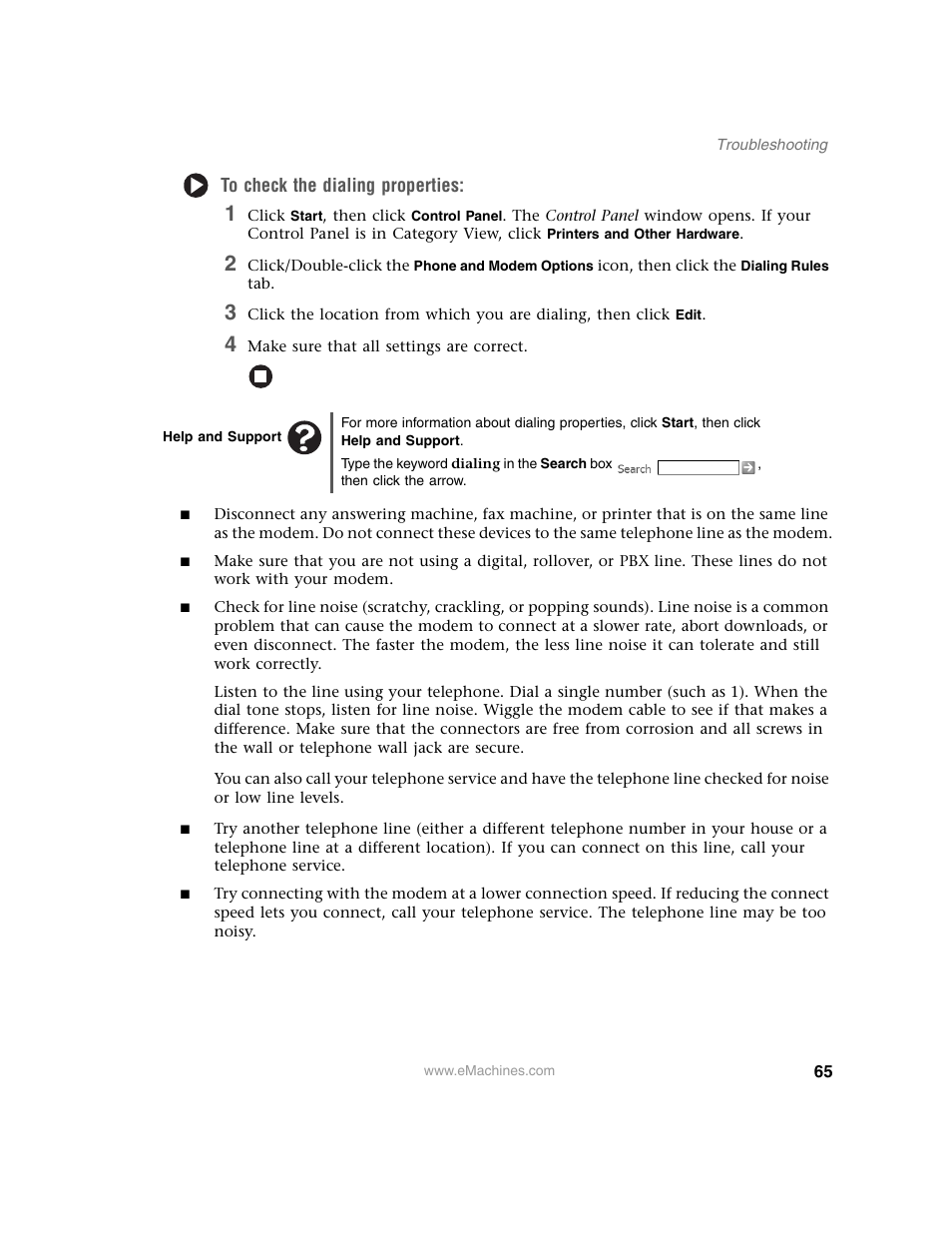 To check the dialing properties, Help and support | eMachines 13 User Manual | Page 71 / 96