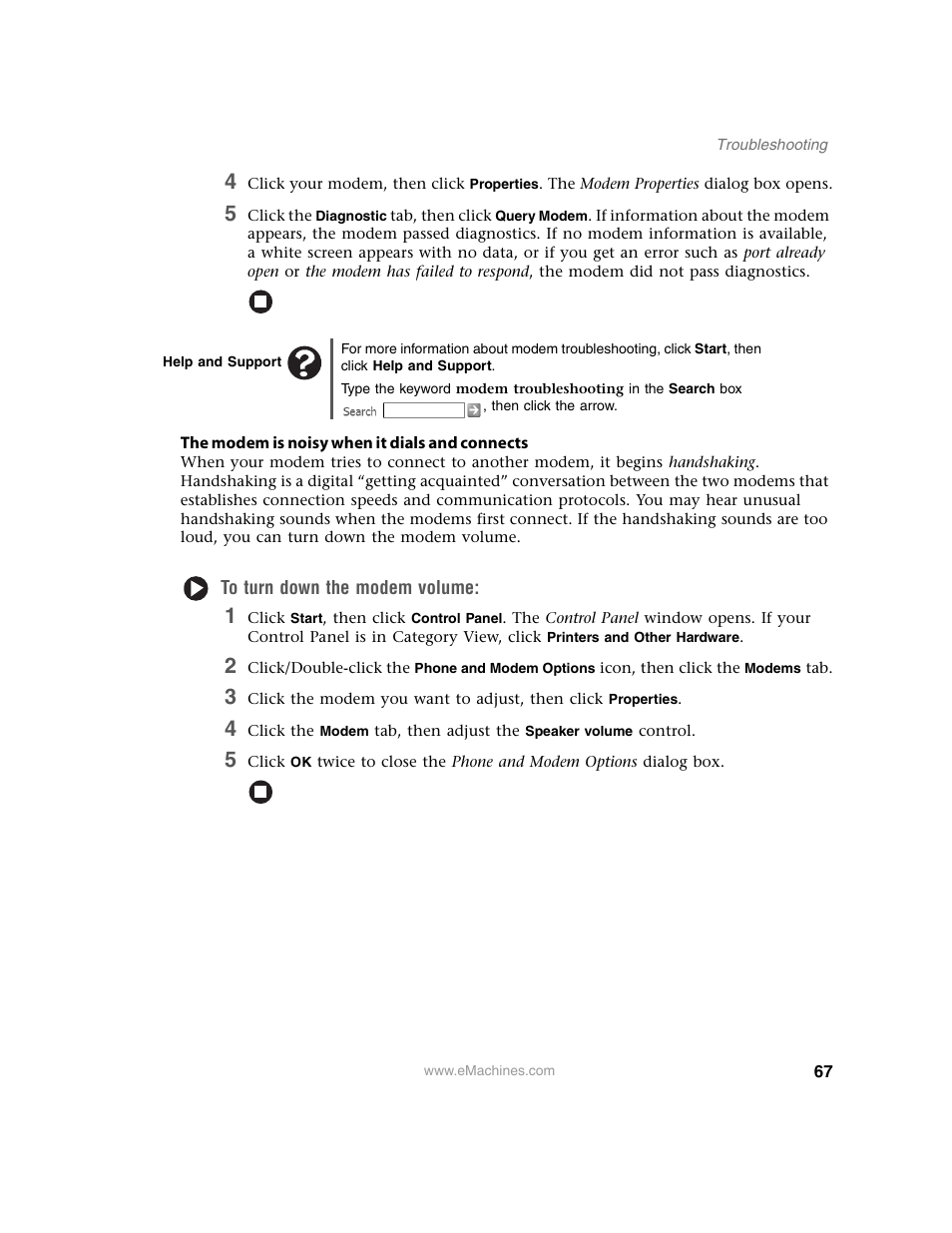 Help and support, The modem is noisy when it dials and connects, To turn down the modem volume | eMachines 13 User Manual | Page 73 / 96
