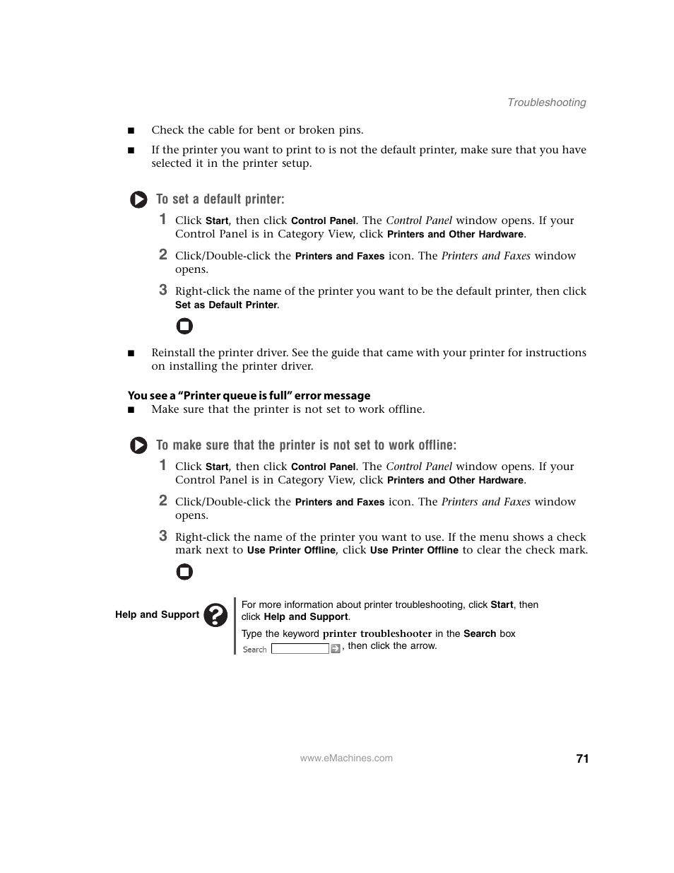 Check the cable for bent or broken pins, To set a default printer, You see a “printer queue is full” error message | Help and support | eMachines 13 User Manual | Page 77 / 96