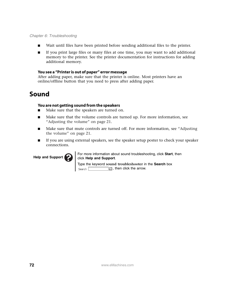 You see a “printer is out of paper” error message, Sound, You are not getting sound from the speakers | Make sure that the speakers are turned on, Help and support | eMachines 13 User Manual | Page 78 / 96