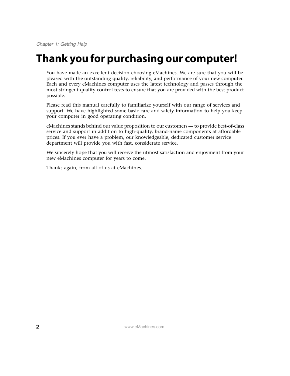 Thank you for purchasing our computer | eMachines 13 User Manual | Page 8 / 96