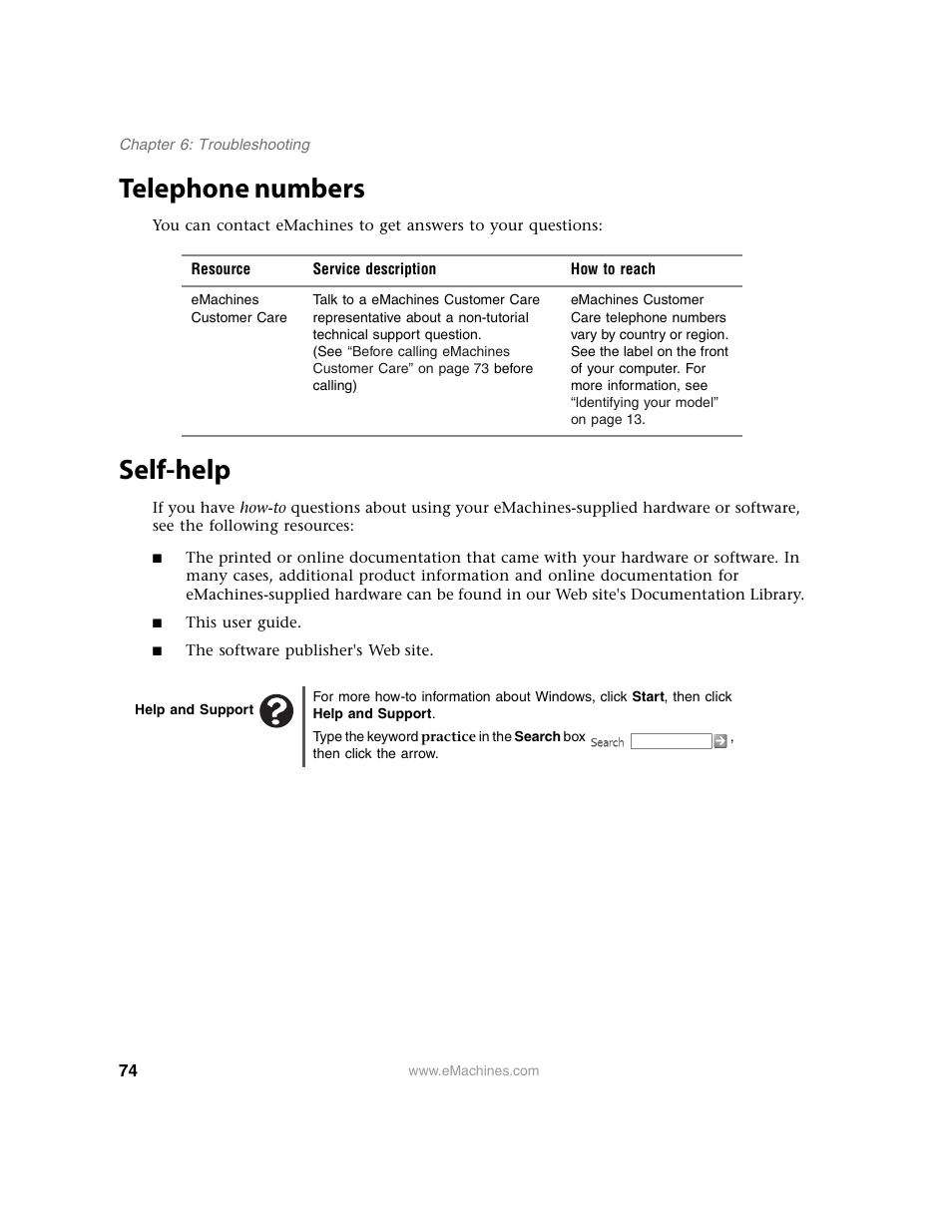 Telephone numbers, Self-help, This user guide | Help and support, Telephone numbers self-help | eMachines 13 User Manual | Page 80 / 96