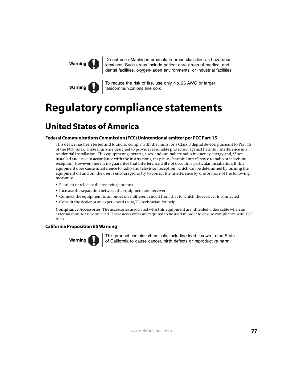 Warning, Regulatory compliance statements, United states of america | California proposition65 warning | eMachines 13 User Manual | Page 83 / 96