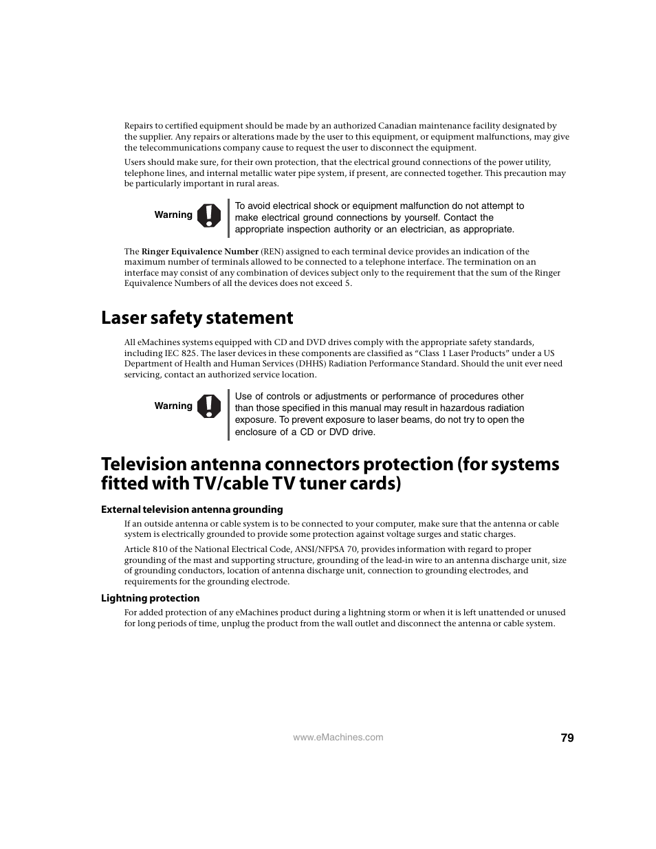 Warning, Laser safety statement, External television antenna grounding | Lightning protection | eMachines 13 User Manual | Page 85 / 96