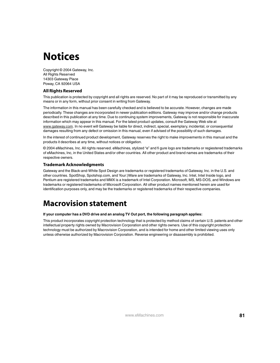 Notices, All rights reserved, Trademark acknowledgments | Macrovision statement | eMachines 13 User Manual | Page 87 / 96