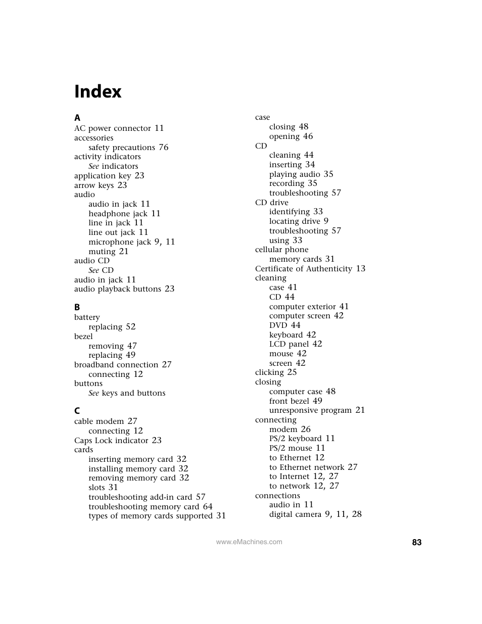 Index | eMachines 13 User Manual | Page 89 / 96