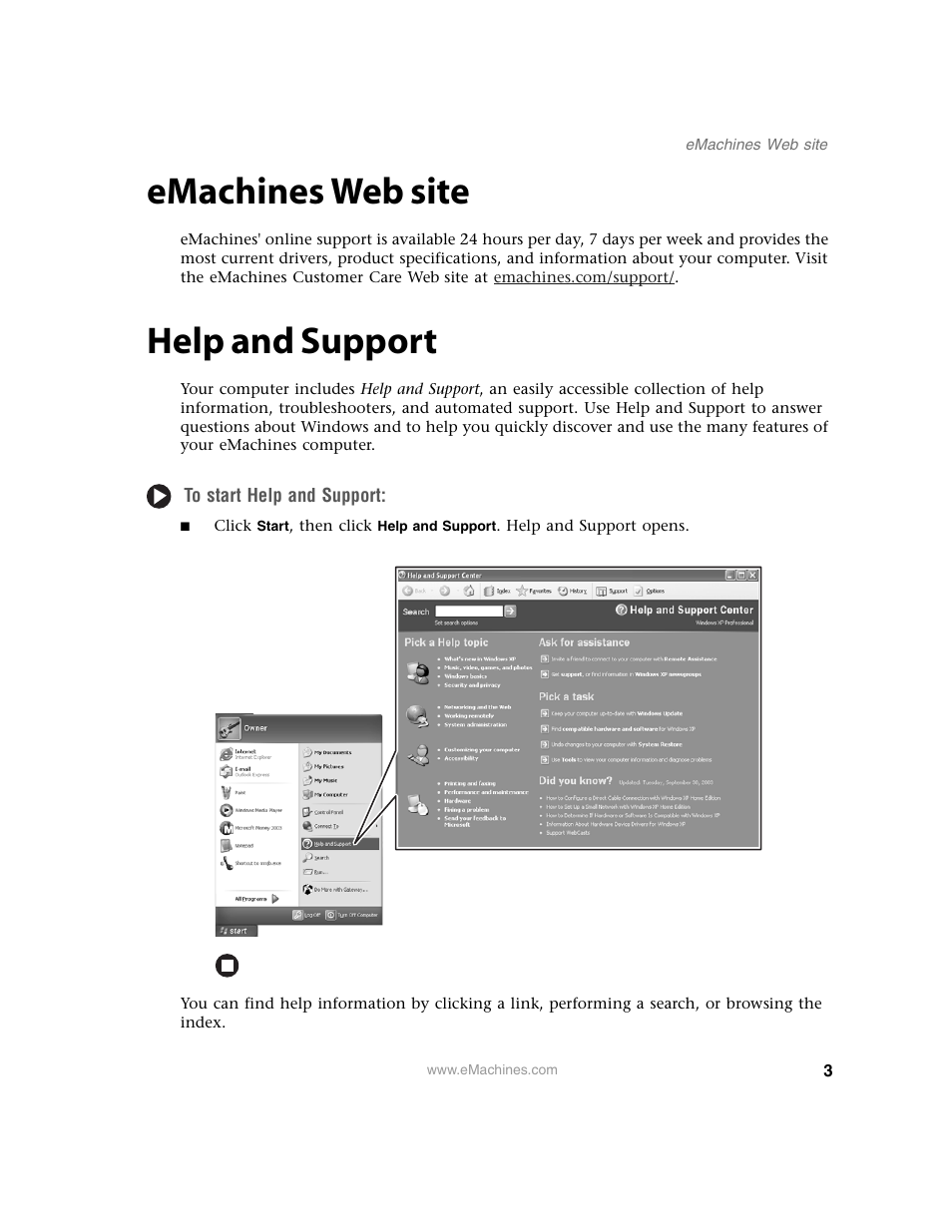 Emachines web site, Help and support, To start help and support | Emachines web site help and support | eMachines 13 User Manual | Page 9 / 96