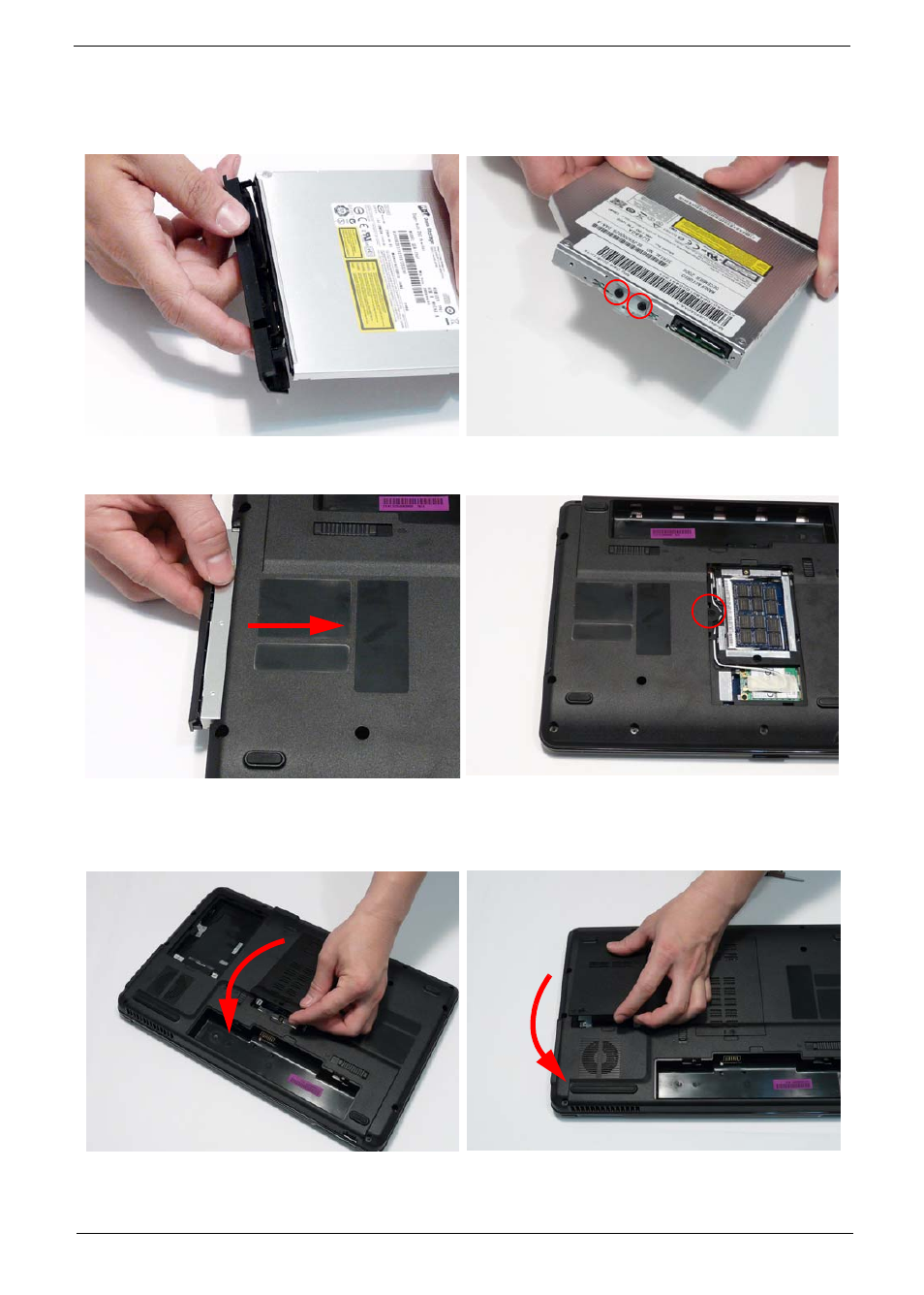 Replacing the odd module, Replacing the lower covers | eMachines G630 User Manual | Page 123 / 198