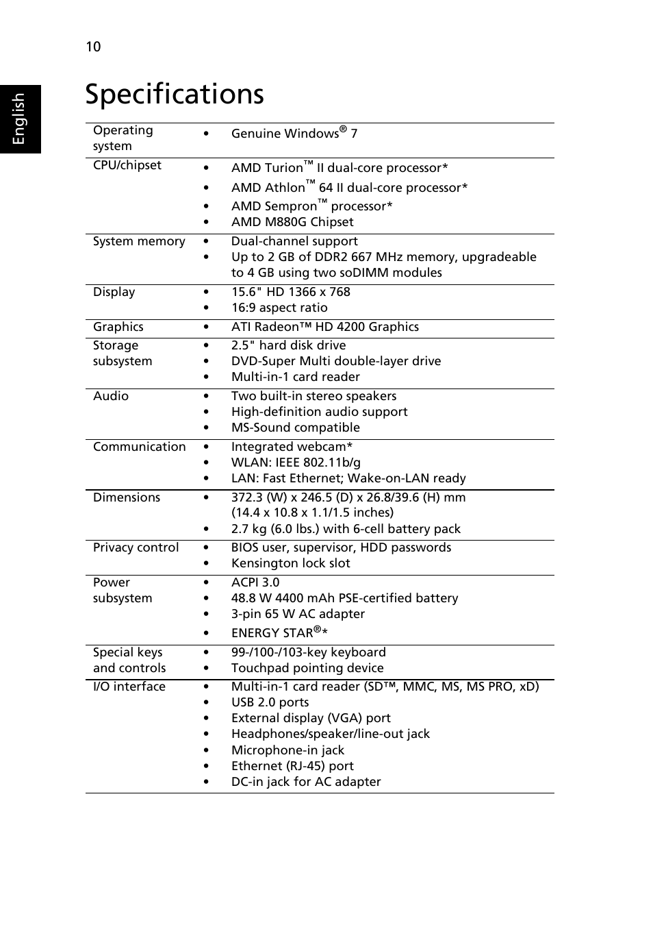 Specifications, English | eMachines E430 Series User Manual | Page 10 / 11