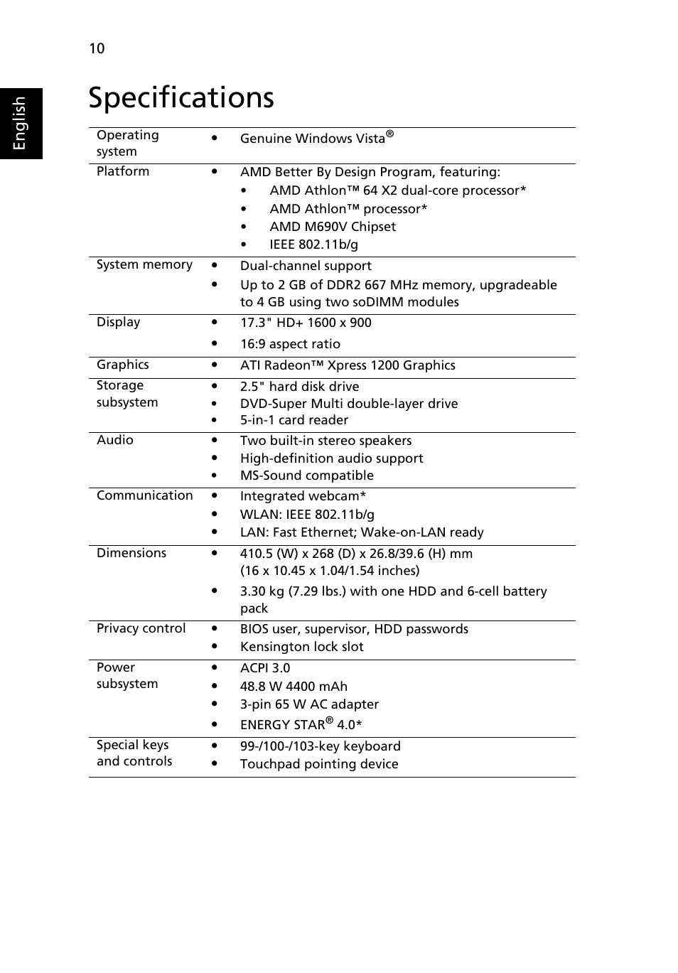 Specifications | eMachines G625 Series User Manual | Page 10 / 11