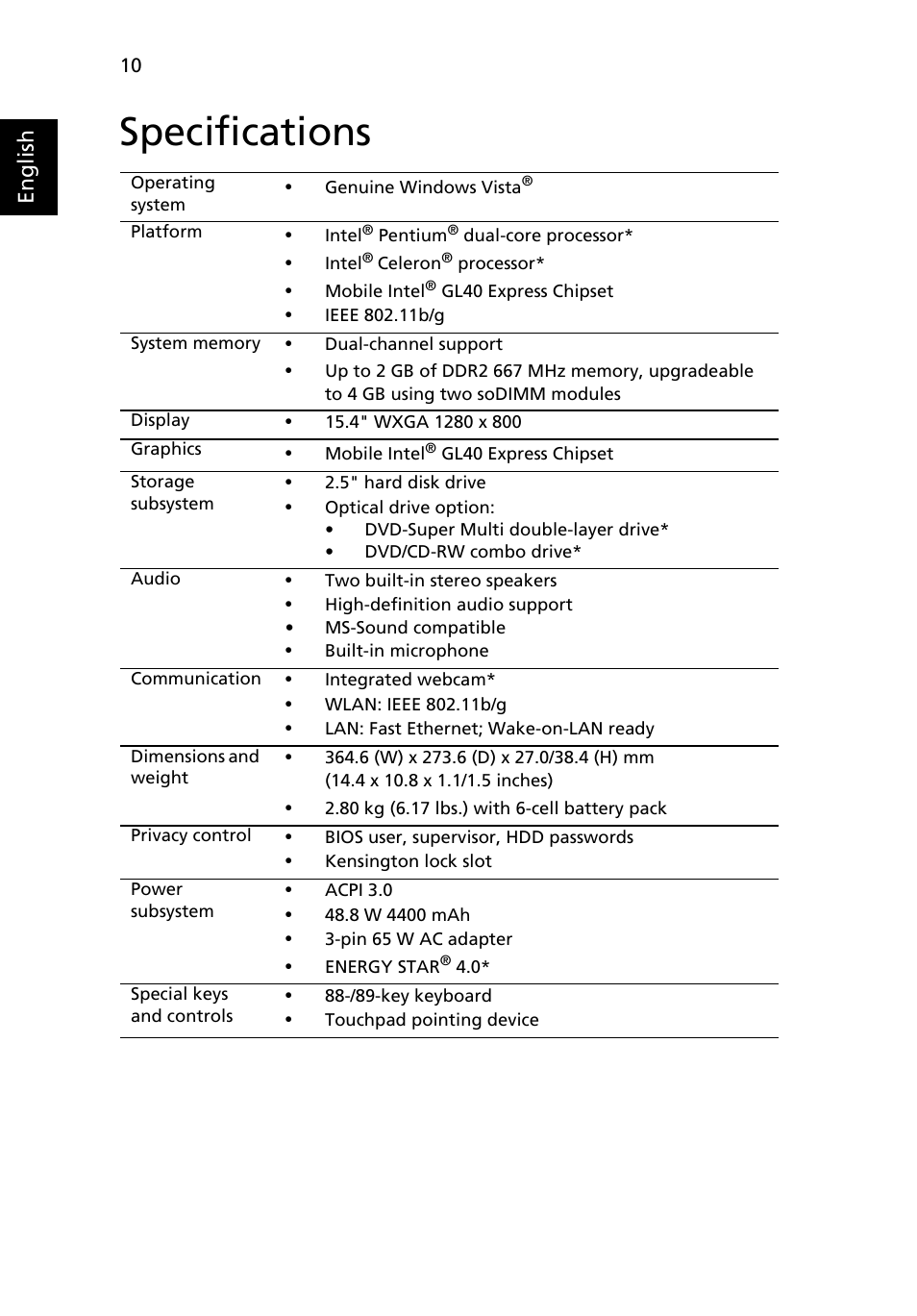 Specifications | eMachines E520 Series User Manual | Page 10 / 11