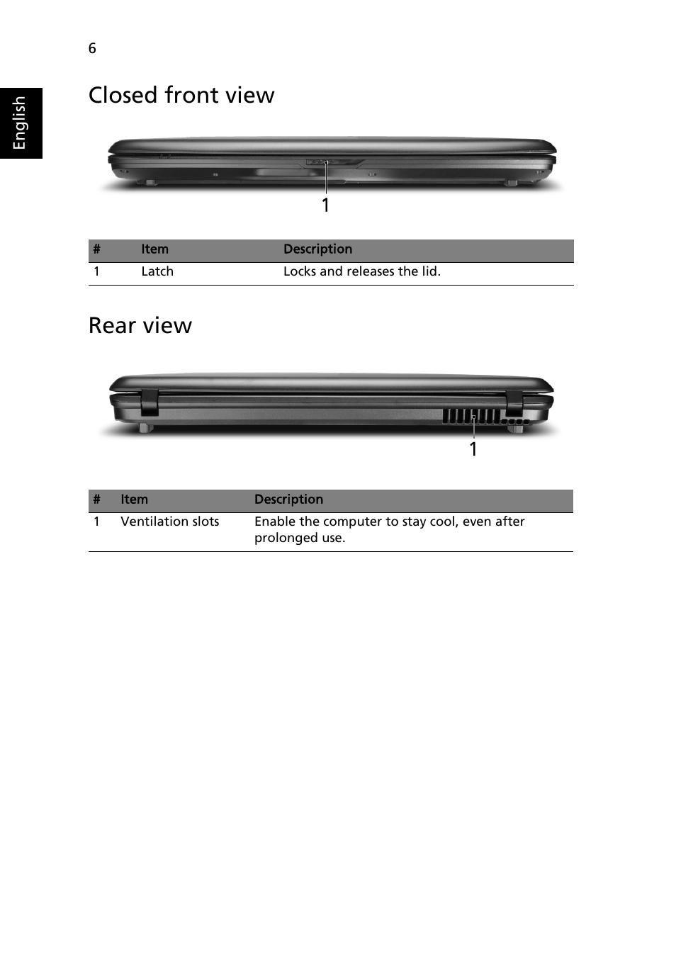Closed front view, Rear view, Closed front view rear view | eMachines E520 Series User Manual | Page 6 / 11