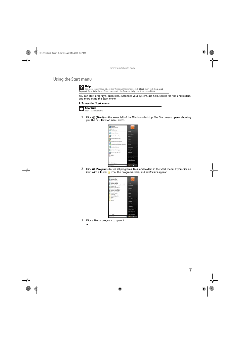 Using the start menu, To use the start menu | eMachines 8513042 User Manual | Page 13 / 96